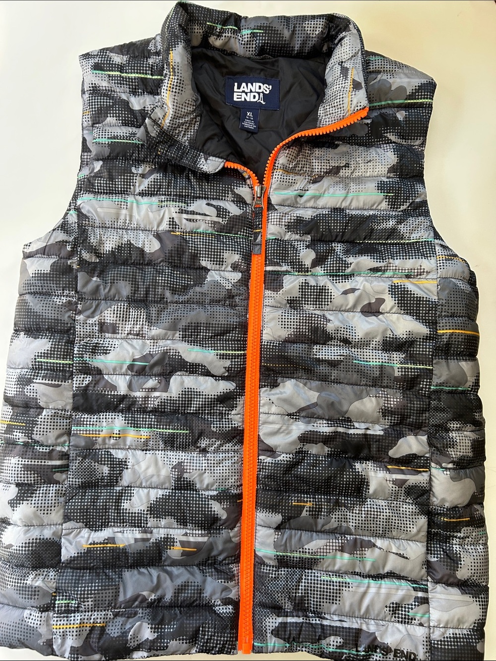 Lands' End Boys' Gray Camo Puffer Vest with Bright Orange Zipper